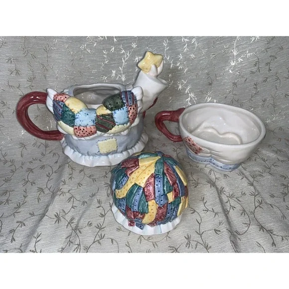 Vtg Teapot Patchwork Angel 1996 Cosmos For H.O.L. 3 Piece Tea For One Tea Pot - Picture 16 of 16